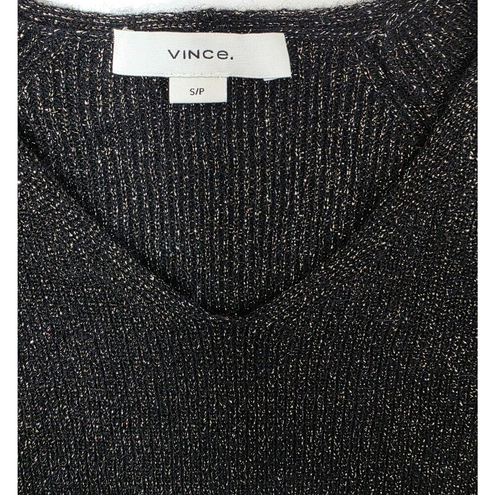 VINCE Black V-Neck Ribbed Sweater w/Metallic Shimmer Thread - Picture 6 of 10